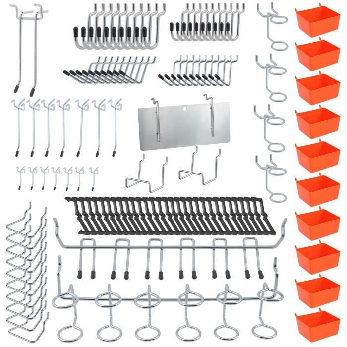 Lot de 204 crochets pour panneau perforé avec bacs et serrures pour organiser divers outils 