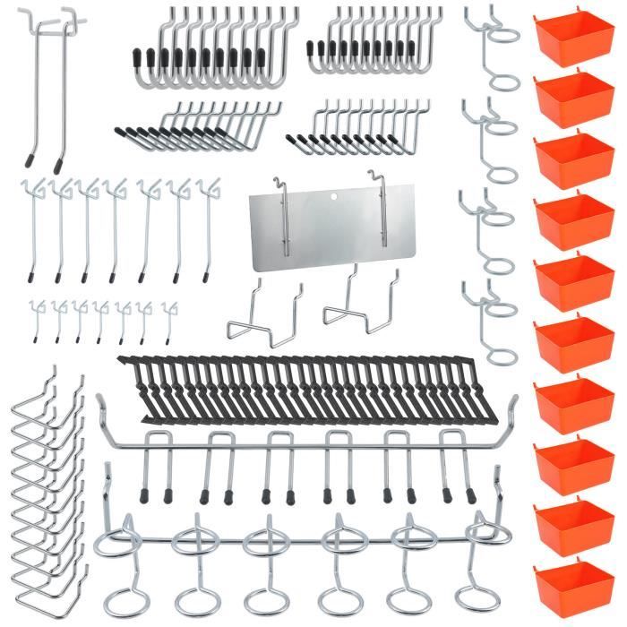 144PCS Crochets pour Panneau Perforé Porte Outils Crochets Panneau Mural pour Outils de Rangement Atelier avec 10 Bacs en Plastique