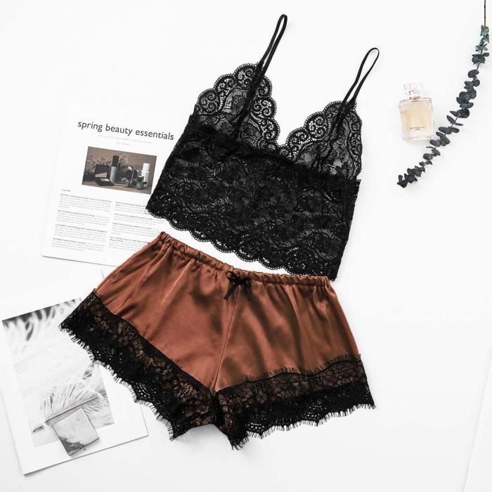 Femmes Satin Lace V Neck Camisole Bowknot Shorts Set Vetements De Nuit Pyjamas Lingerie Marron Enanji2179 Marron Cdiscount Pret A Porter