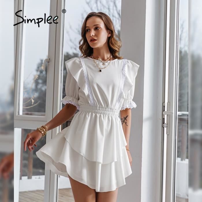 Robe blanche en coton pour femme Simplee mi longue a volants et taille haute Blanc Cdiscount Pret a Porter