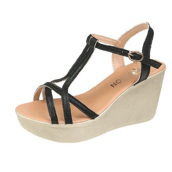 Sandales Compensées Bandolino Taille 6 M - Bout Ouvert, Boucle Sangle Noir Crème Rouge - Occasion