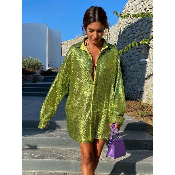 Chemise Chemisier a paillettes a manches longues pour femme Streetwear Chic col en V couleur unie Y2K Green C4026 Blanc Cdiscount Pret a Porter