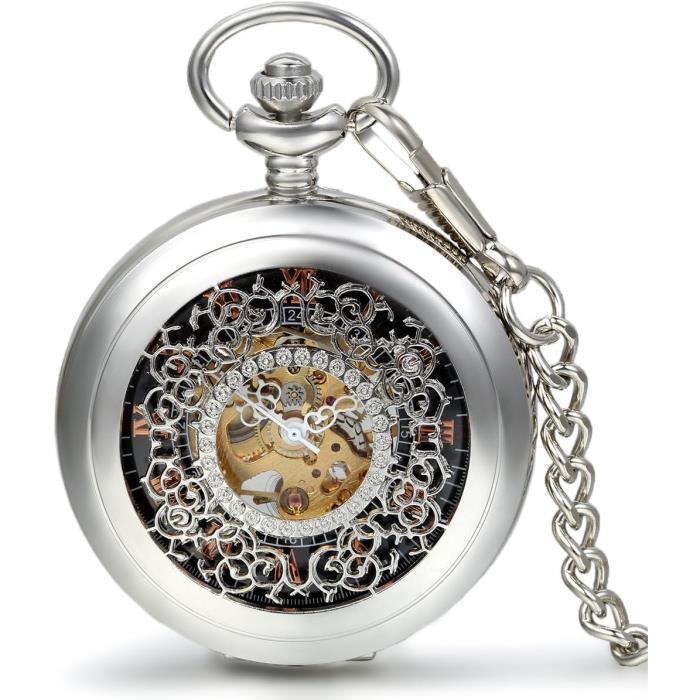 Montre Gousset Squelette Mécanique – Boîtier Doré Acier, Cadran Squelette Chiffres Romains, Occasion