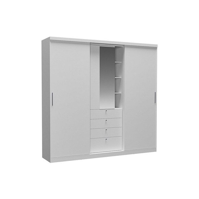 Armoire 2 portes coulissantes - Miroir et tiroirs - L240cm - Coloris : Blanc - BODIL
