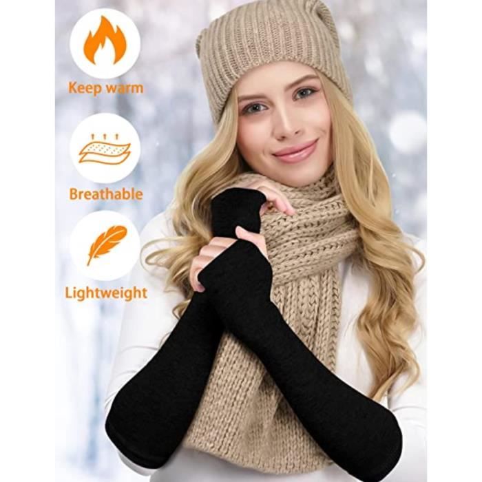 Lot De 2 Paires Gants Sans Doigts Manches Longues Hiver - Mitaines Thermiques Tricotées Noir