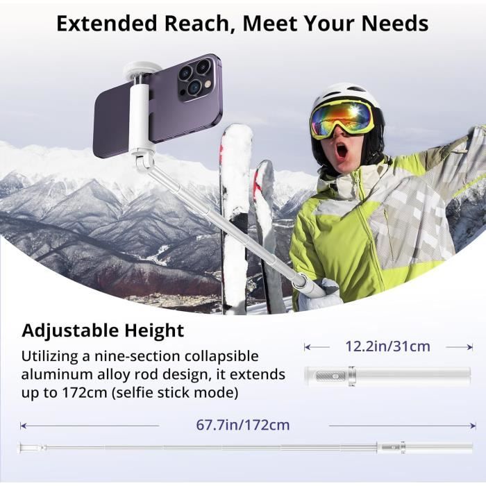 ATUMTEK Perche à selfie 1,5 m, trépied extensible tout-en-un