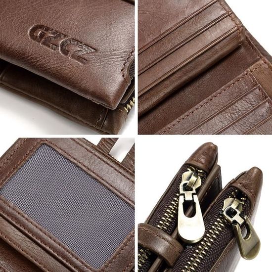 Portefeuille Homme En Cuir Bifold Contacts - Double Fermeture Éclair, Multiple Portes-Cartes (Café)