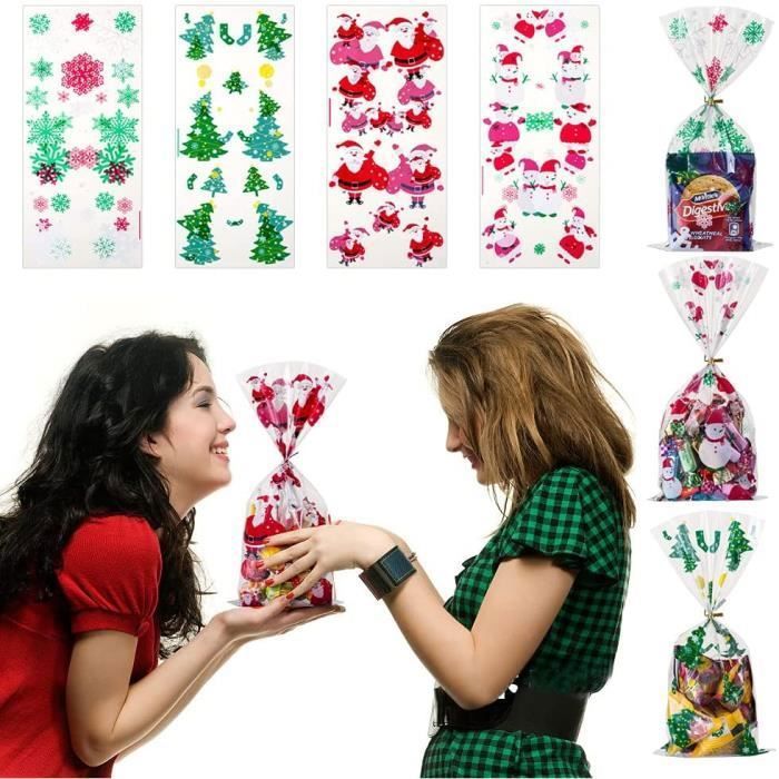 Lot de 200 Sacs à Bonbons Noël Pochette Sachet Transparent Chocolat Biscuit Sacs de Cadeaux 27
