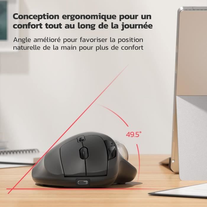 Souris Sans Fil Ergonomique Trackball - Boule De Défilement Optique 2.4 GHz - Pour Droitiers Et Gauchers - 9