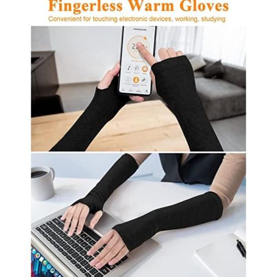 Gants Longs Sans Doigts, 2 Paires De Gants Tricotés, Gants Chauffe-Bras D'Hiver Pour Femmes,Noir
