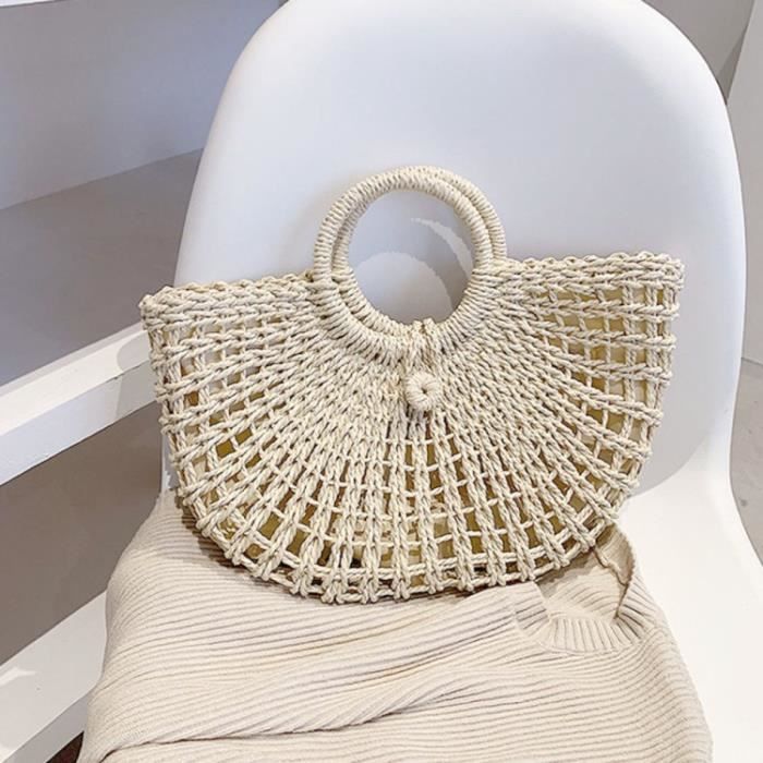 Sac a Main,AMORUS Summer Beach Retro Sac en paille tissé à la main