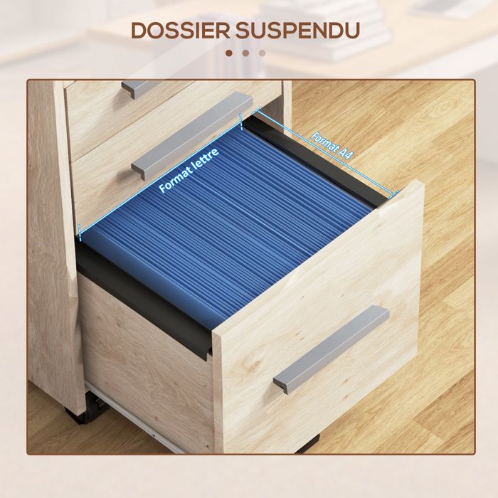 Caisson Bureau Mobile 3 Tiroirs - Sur Roulettes Avec Freins, Blanc Et Chêne, Dimensions 40x50x57.5cm