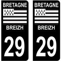 Autocollants Stickers plaque immatriculation voiture auto département 29 Finistère Logo Région Bretagne Full Noir Lot de 2