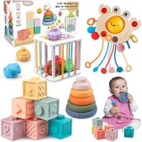 Jeux de Bébé Montessori 6 mois - 3 ans 4 en 1 Anneaux Empilables en Cube Souple Jeux de Corde à Tirer Jouets éducatifs Sensoriel