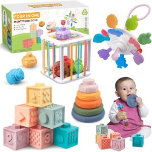 CUBE ÉVEIL Jeux de Bébé Montessori 6 mois - 3 ans 4 en 1 Anneaux Empilables en Cube Souple Jeux de Corde à Tirer Jouets éducatifs Sensoriel