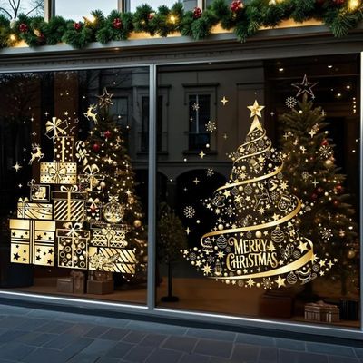 Lot De 2 Stickers Grand Sapin De Noël Doré 35x50 Cm - Autocollants Statiques Réutilisables Pour Mur, Fenêtre, Porte, Vitrine - 10