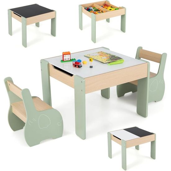 Table Et 2 Chaises Enfants 3+ Ans LIFEZEAL - Bois, Rangement Amovible, Charge 90kg, Gris (Set 4 En 1)