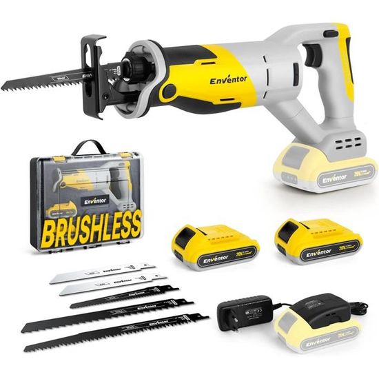 Scie Sabre Sans Fil Enventor 20V Brushless - 2 Batteries 2.0Ah, 5 Lames, Coupe Jusqu'à 115mm