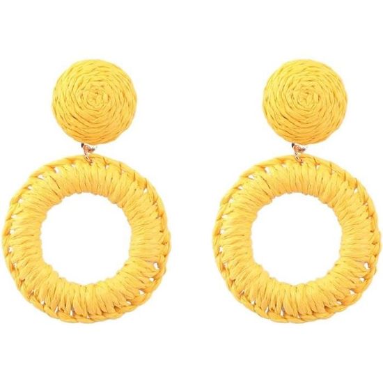 Boucles D'oreilles En Rotin Et Raphia Jaune - Style Boho Chic - Neuf Avec étiquettes