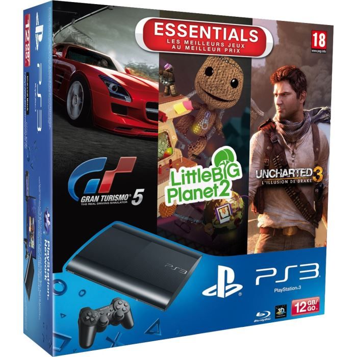 Sony Computer Entertainment Console Salon - Sony - PS3 - 12 Go - Noir - Pack Avec Gran Turismo 5, Uncharted Et Littlebigplanet