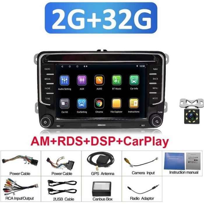 ESSGOO – Autoradio avec lecteur multimédia, stéréo, 7 pouces, Android 10.1, 2 din, CarPlay, pour Volkswagen VW Passat Touran GOLF PO
