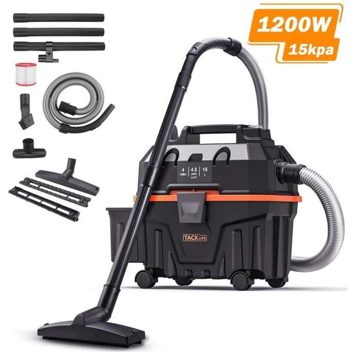 Aspirateur Eau et Poussière TACKLIFE,15L Aspirateur sans Sac, Fonction Humide/Sécheuse/Soufflage 3 en 1,1200W Aspirateur de Chantier
