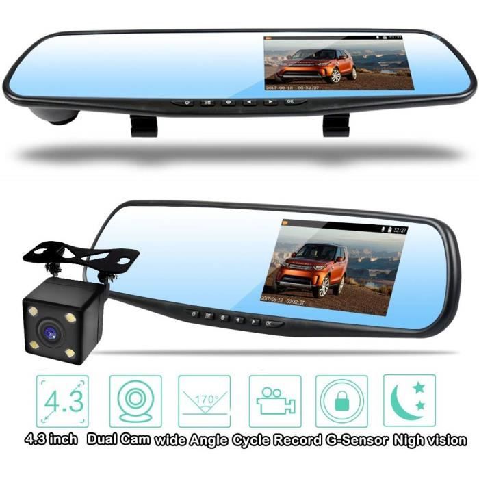 1080P Double Caméras de Voiture Avant et Arrière & Enregistreur 170° Grand Angle + Retroviseur Anti-Eblouissement + Dansh Caméra