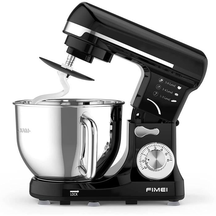 Robot Pâtissier 1000W FIMEI Robot Pétrin Silencieux, Robot multifonction avec Batteur Électrique, Fouet, Bol 5L, Noir