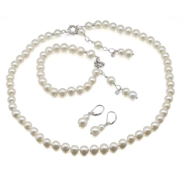 Parure Femme Bracelet Collier Boucles en Perles de Culture d’Eau Douce Rondes Qualité AAA (Blanches)