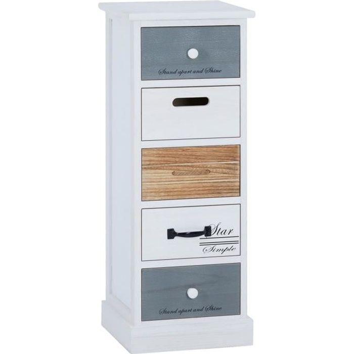 Chiffonnier DANIA étagère de rangement 5 tiroirs en bois de paulownia blanc brun gris, style shabby chic vintage maison de campagne