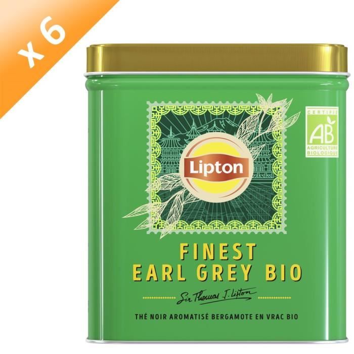 Lot de 6 LIPTON Thé noir BIO Finest Earl Grey, notes Florales de Bergamote,100% d’origine naturelle, Rainforest Alliance (6x145g)
