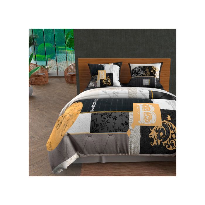 SOLEIL D'OCRE Parure de couette Coton WILLIAM - 1 Housse de couette 220x240 cm + 2 Taies d'Oreillers 63x63 cm - Gris et jaune