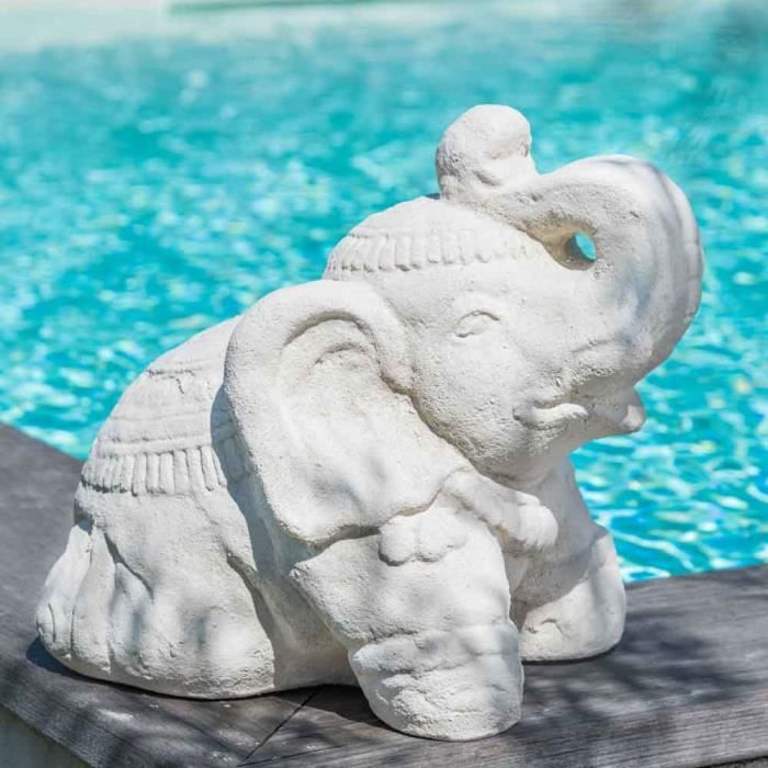Statue Eléphant assis en pierre 40cm blanc crème.