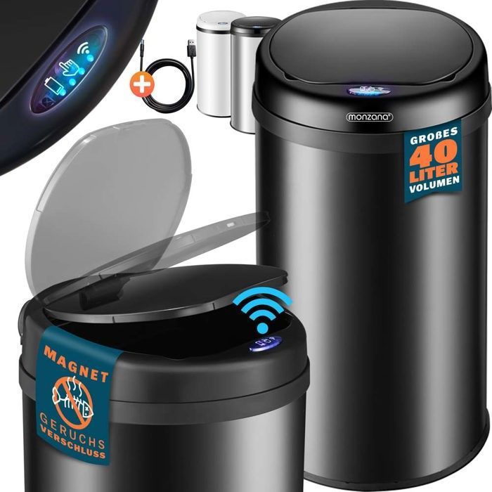 MONZANA® Poubelle automatique acier inoxydable 40L capteur mouvement imperméable affichage LED câble USB poubelle de cuisine noir