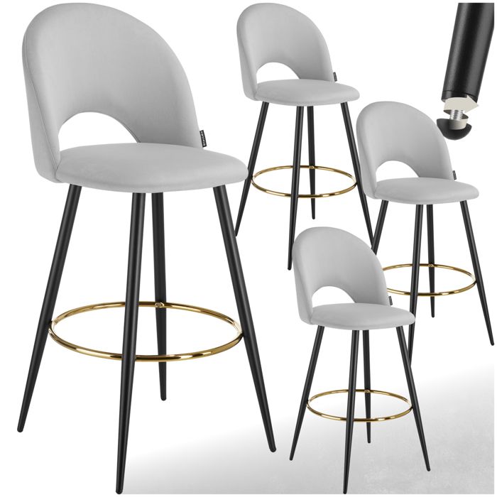 Tabouret de bar - TECTAKE - Lot de 4 tabourets SACHEL aspect velours et repose-pieds 49 x 58 x 110 cm - Gris clair/Noir