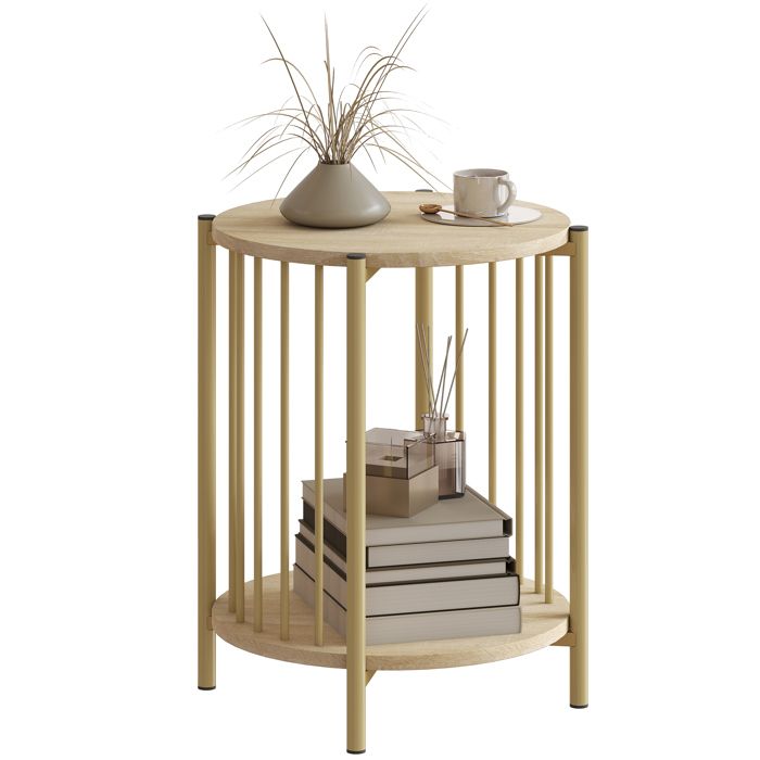 Table dappoint - HOMCOM - à 2 niveaux avec étagère de rangement - cadre en acier - Ø 41 x 49 cm - effet bois naturel