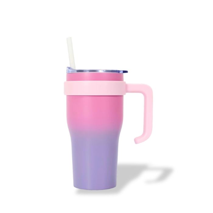 Mug Isotherme avec Paille et Poignée Ergonomique Gourde 0.6l Rose/Violet en Inox pour conserver vos boissons au chaud ou au frais