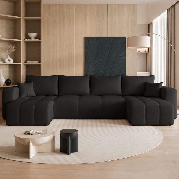 Canapé Panoramique PEDRO - 7 places - Convertible avec Coffre - Tissu Velours - Anthracite