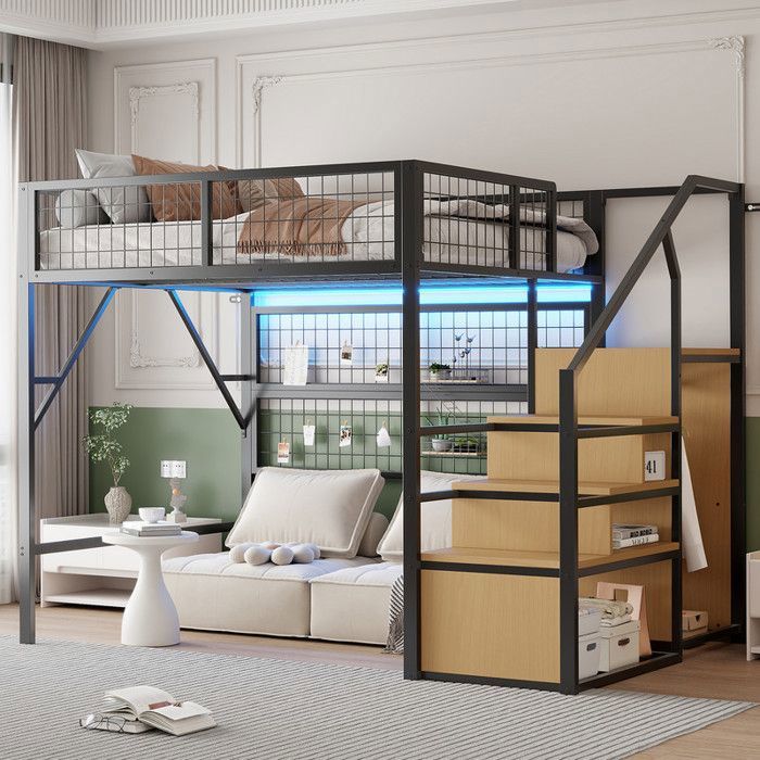 Lit superpos 140x200 avec bande LED lit mezzanine avec escalier de rangement et armoire lit enfant sommier lattes Mtal noir