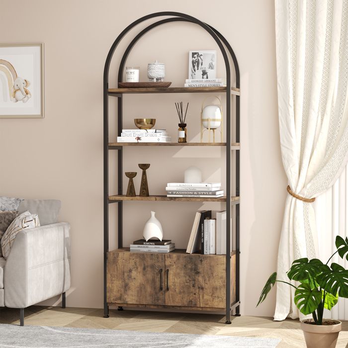 Bibliothèque à 4 Niveaux avec Portes Style Industriel Marron Boisé et Noir - 80x30x180cm