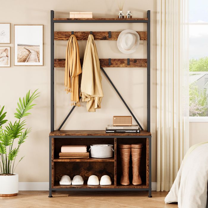Porte-manteau-Vestiaire- banc à chaussures-35 x 925 x 1778cm-industriel avec compartiments de rangement-MARRON