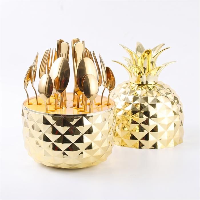 Ensemble de vaisselle 24 pièces - Modèle Ananas - Inox poli miroir - Boîte ananas amovible - Or compatible lave-vaisselle