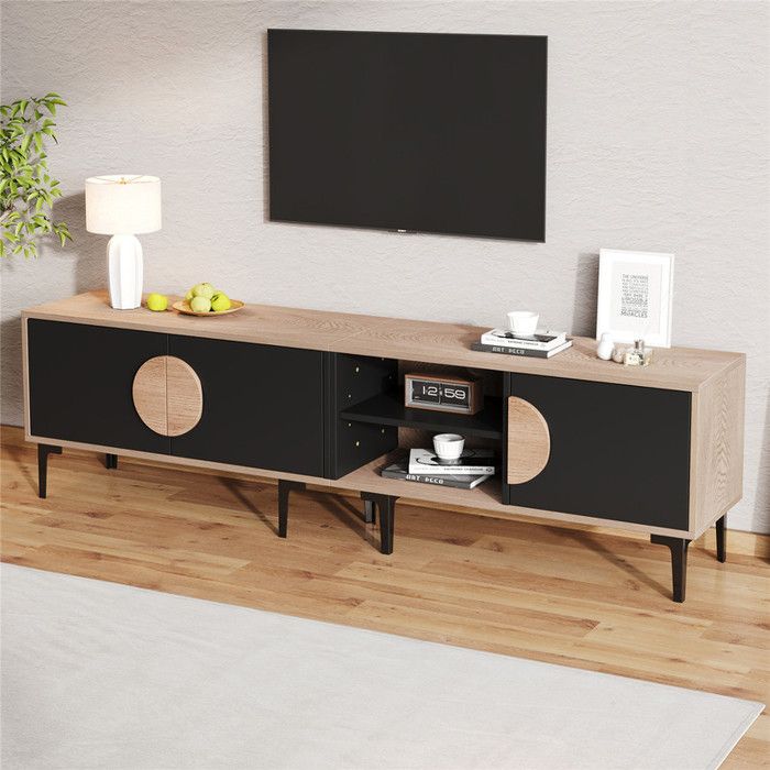 Meuble TV Salon Bois et Noir 180 cm avec Armoires Compartiments de Rangement Ouverts Meuble TV Bas Moderne pour Téléviseur de 80