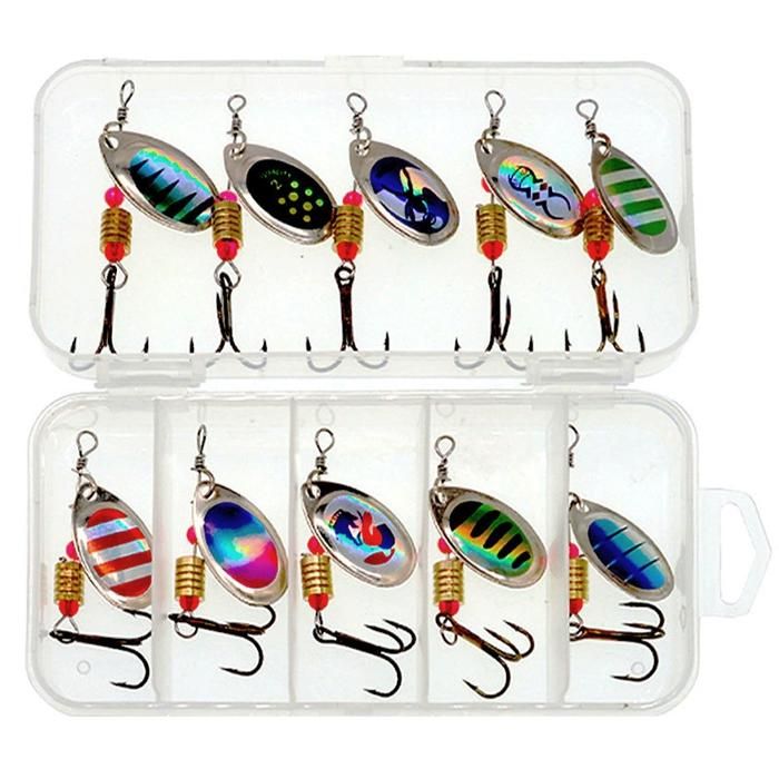 Leurres de pêche à la cuillère tournante bidirectionnelle type «&nbsp;queue de coq&nbsp;» avec corps et palette en cuivre brillant.