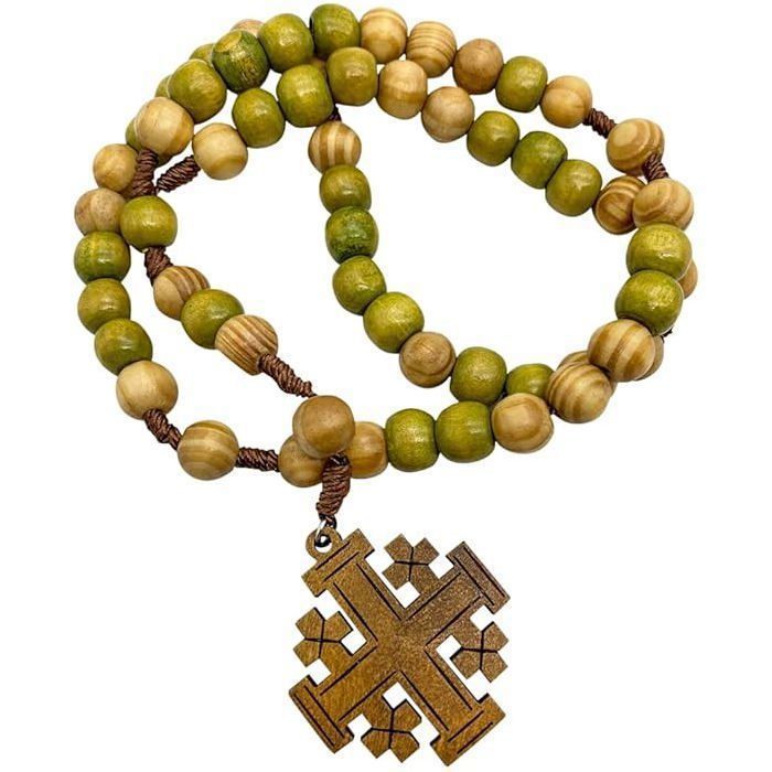 Nazareth Store Chapelet en Bois d’Olivier avec Croix de Jérusalem Prière Notre Père Cordon Court Protection Voiture Pochette