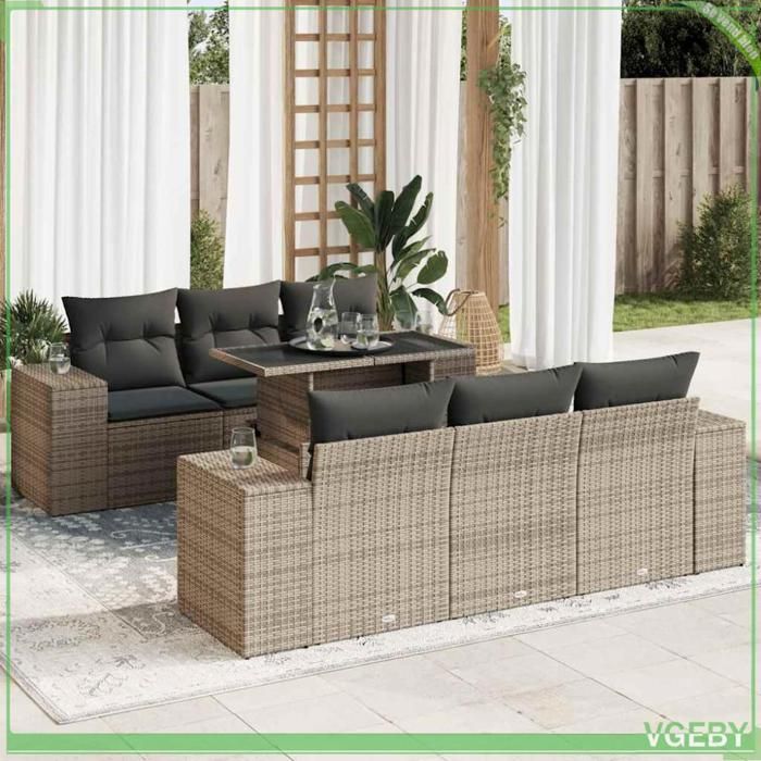 Salon de jardin 7 pcs - Modèle 3326741 - Résine tressée gris - Rangement avec sac étanche - Table réglable