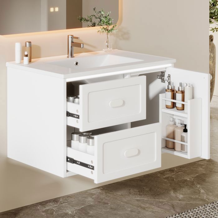 Meuble sous-vasque suspendu - Memkey - 76 x 46 x 51 cm - MDF blanc et vasque céramique - LED radar