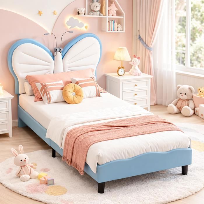 Lit Enfant rembourré 90x190 avec Tête de Lit Lits Princesse Fille avce LED Tête de lit papillon avec hauteur réglable Bleu