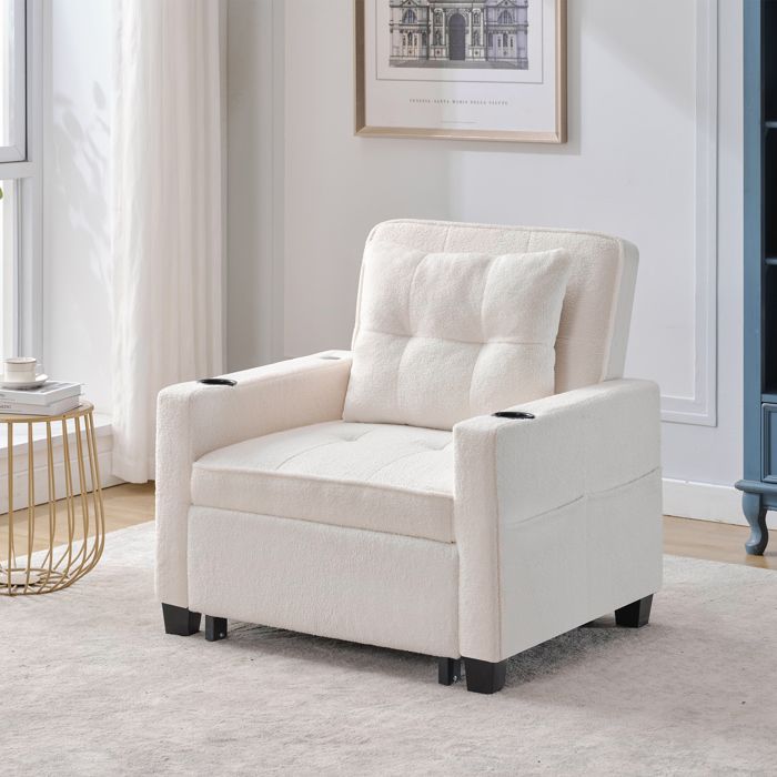 Fauteuil convertible 3 en 1 avec porte gobelets et port USB bois et métal blanc