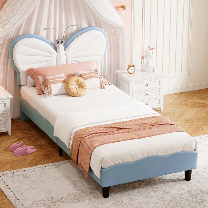 Lit Enfant 90x190 cm Papillon avec LED – Lit Simple Rembourré Velours Blanc Bleu avec Tête de Lit Réglable - Sommier à lattes